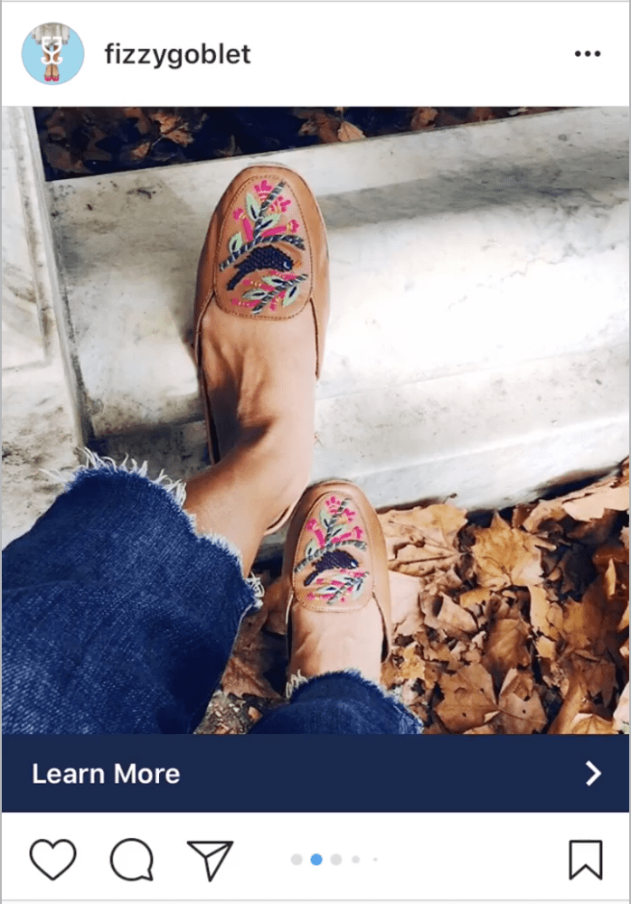 Instagram Ads display in feed and feature the brand account and shoppable links.