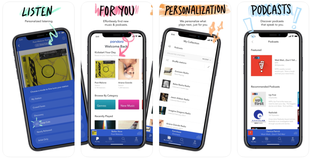 Pandora app for music streaming and listening