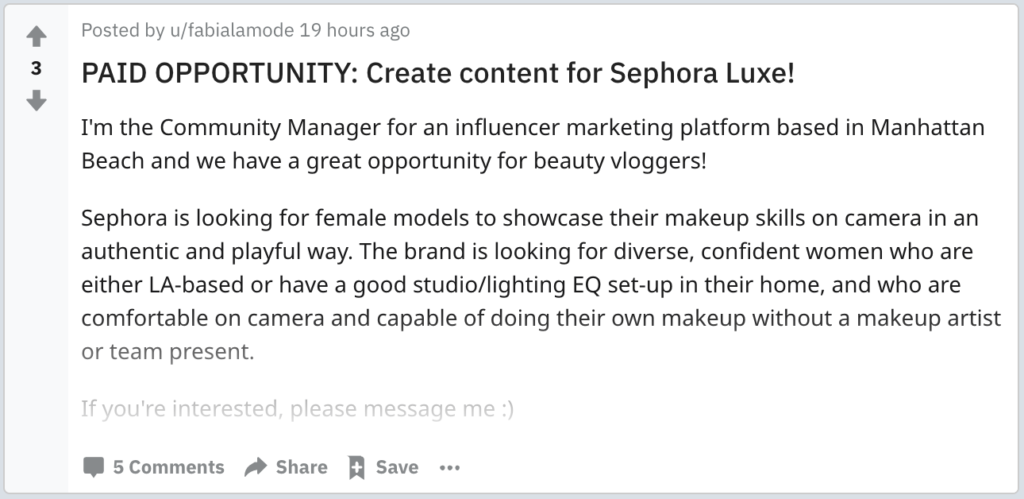Influencer Marketing Reddit Opportunities posted for influencers and brands