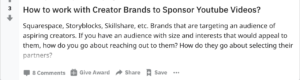 Influencers post on the reddit influencer marketing page to find brands they want to work with