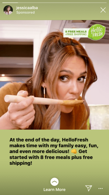 Coupled with their influencer marketing campaign, Hello Fresh promotes posts on Instagram story ads