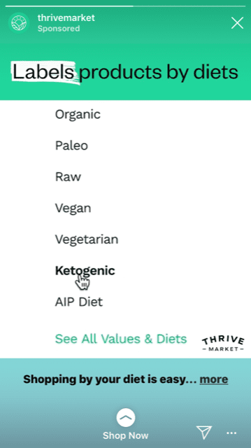 Thrive Market is getting their name infront of customers through their Instagram story ads