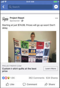 Facebook ad example Project Repeat shows how naturally a sponsored message appears on a user's feed