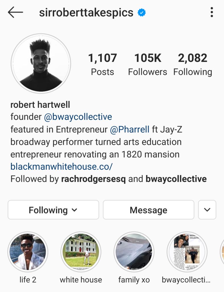 Add links to your social media bio like Robert Hartwell to promote websites, work and identify yourself to brands