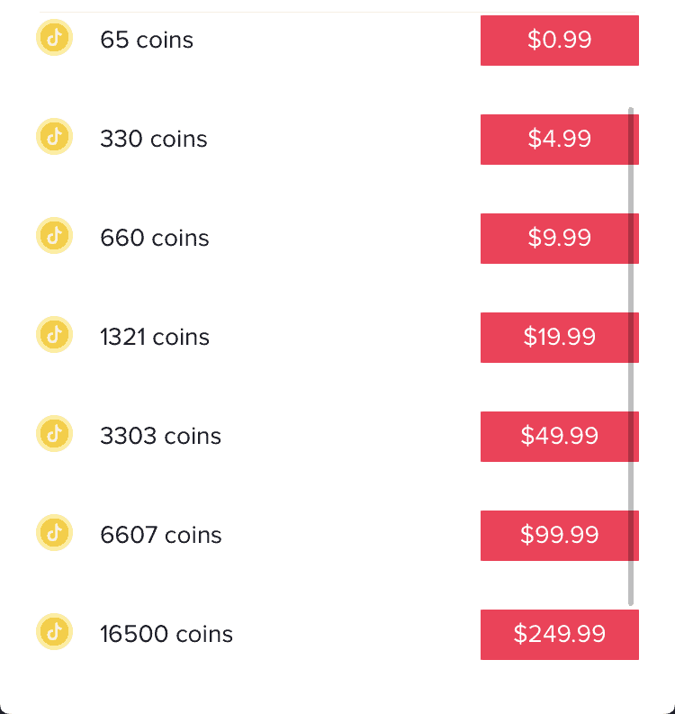 Available options for purchasing TikTok coins