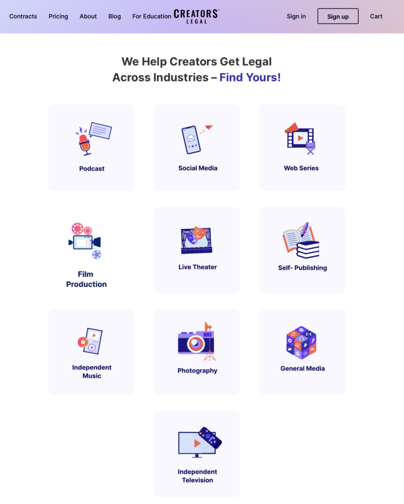 Creators' Legal covers all types of industries