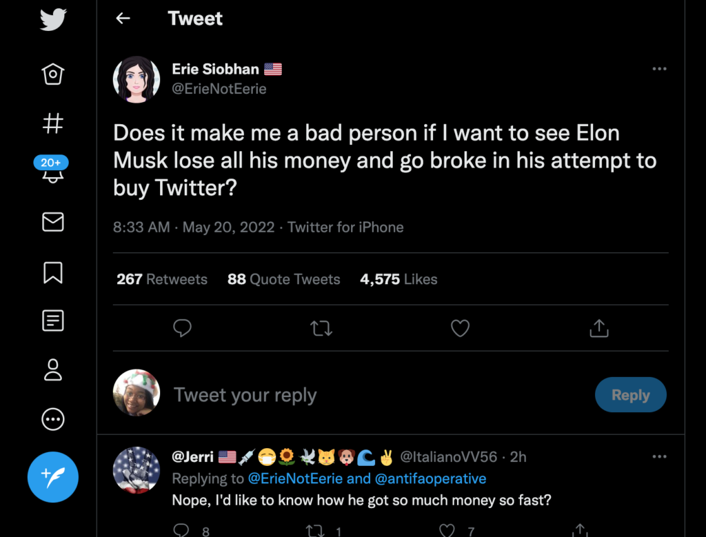 Tweet about Elon Musk on Twitter