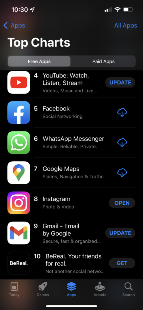 BeReal is one of the top 10 most popular free apps
