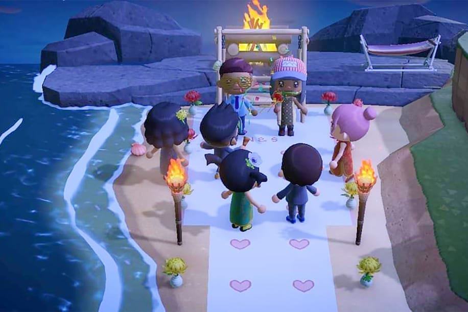 Ceremonia de boda virtual de una pareja en Animal Crossing