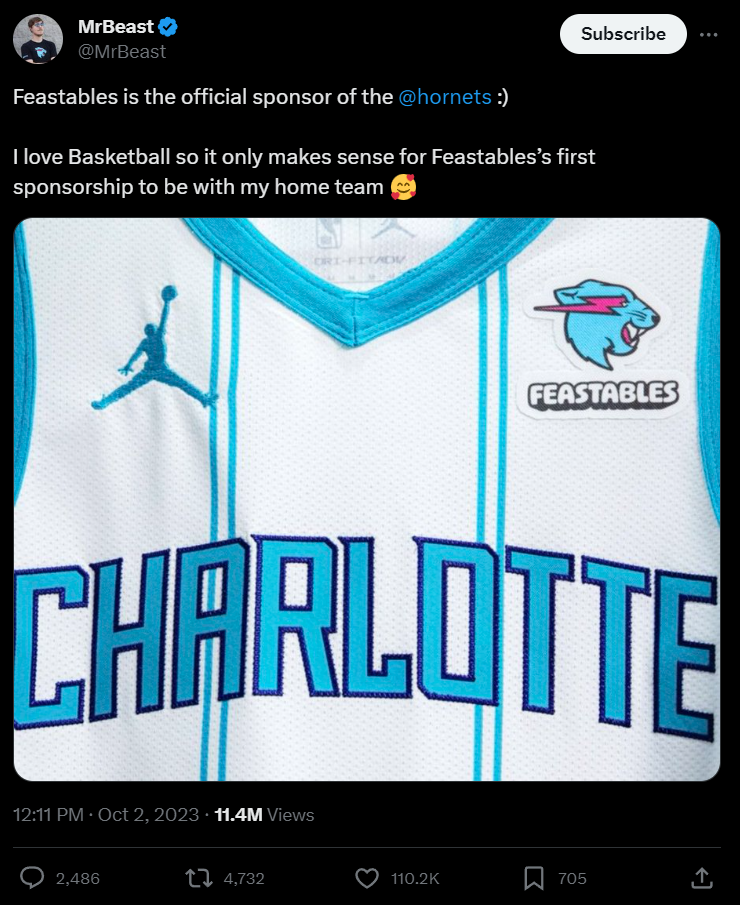 Mr Beast and  will be a sponsor for the Charlotte hornets