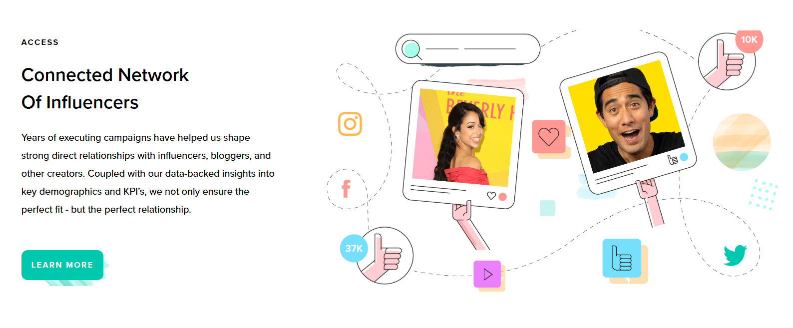 Screenshot of the front page of neoreach.com. Text says, "Access Connected Network Of Influencers Years of executing campaigns have helped us shape strong direct relationships with influencers, bloggers, and other creators. Coupled with our data-backed insights into key demographics and KPI’s, we not only ensure the perfect fit - but the perfect relationship."