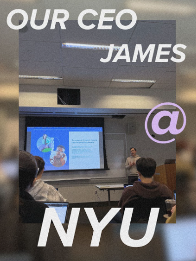 A photo depicting the CEO of NeoReach, James Michalak, doing a talk in a classroom at NYU, demonstrating NeoReach's commitment to higher education. There is text overlaying the image that says, "Our CEO James @ NYU."