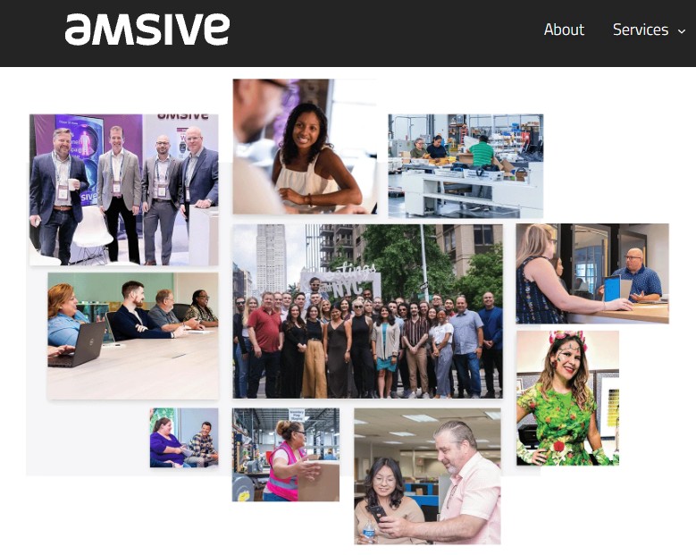 A collage of photos showcasing the team at Amsive. The images include professional group shots at events, employees working in a warehouse, team members collaborating in an office setting, and a large group photo outdoors in front of a "Greetings from NYC" sign. The Amsive logo is visible at the top.