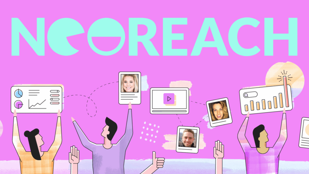 A vibrant pink digital illustration featuring the "NEOREACH" logo in large, teal sans-serif lettering at the top. Below the logo, various illustrated figures with diverse skin tones and patterns hold up floating interface elements representing digital marketing tools, including data charts, bar graphs, and social media profile icons. Small, polaroid-style photos of influencers are scattered throughout the composition, connected by dotted lines to illustrate a networking concept. The overall style is playful and modern, utilizing a mix of flat graphics and hand-drawn elements to showcase the connection between data analytics and human creators in the influencer marketing space.