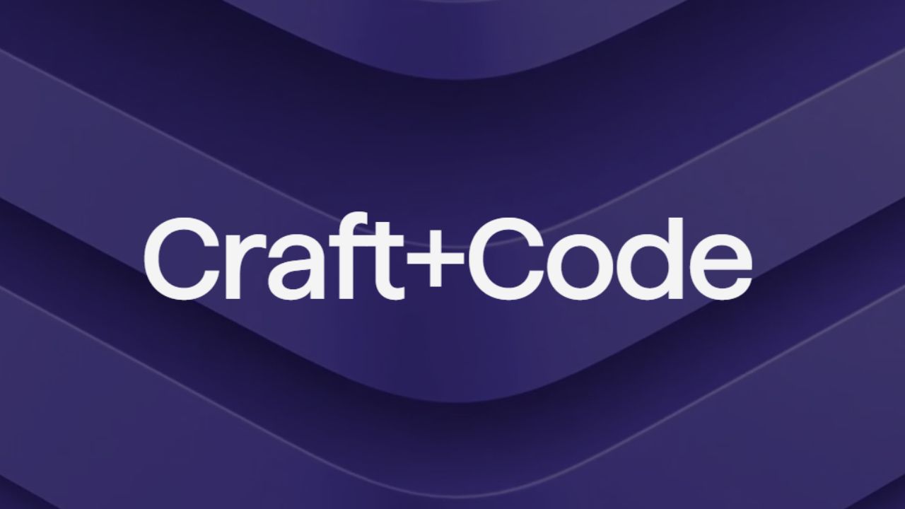 The image features a clean, professional brand graphic with the text "Craft+Code" displayed prominently in a bold, white sans-serif font. The text is centered against a dark purple background that uses a series of overlapping, downward-pointing chevron shapes to create a sense of depth and architectural layering. Subtle gradients and shadows on these curved layers give the background a three-dimensional, wave-like appearance, providing a modern and tech-focused aesthetic.